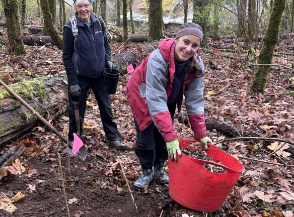 Ella and Janet ready to build the mulch nests around their 3 plants.